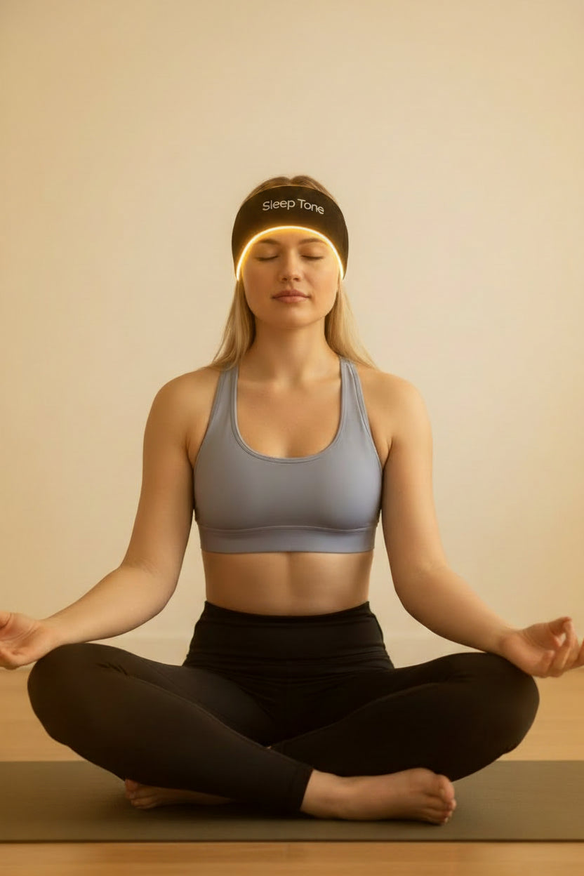 Woman in athletic wear sitting in a yoga pose on a wooden floor.
